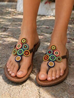 Multicolor Beaded Toe-Post Sandals - Women